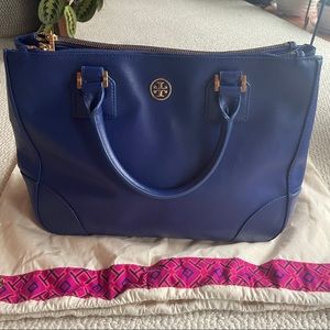 Tory Burch Authentic Blue Leather Robinson Luggage Double Zip Tote